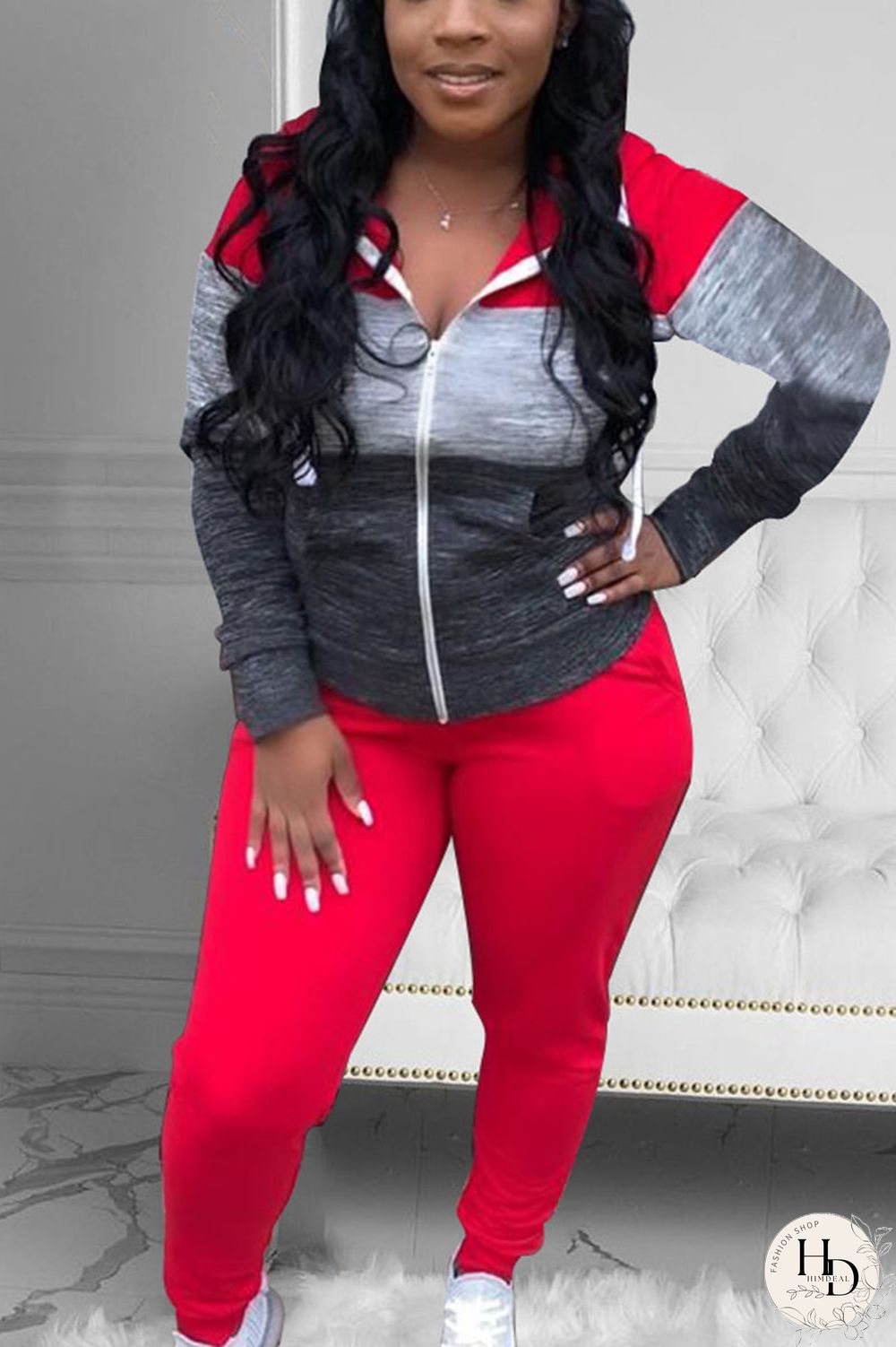 Pink Street Print Patchwork Hooded Collar Long Sleeve Two Pieces