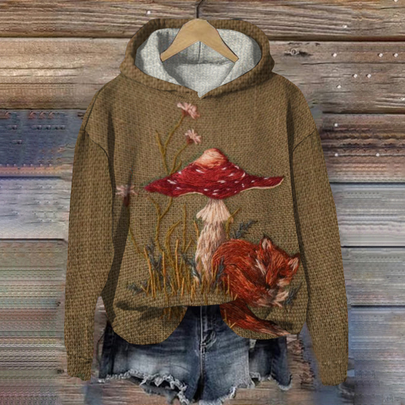 Sleeping Fox Under Forest Mushrooms Print Hoodie artswardrobe