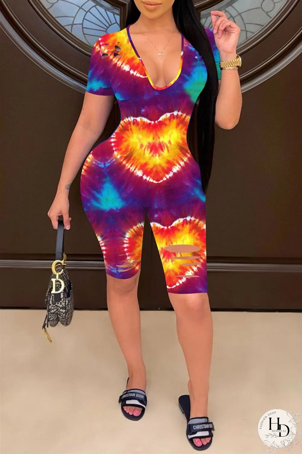 Purple Fashion Casual Print Tie Dye Ripped V Neck Skinny Romper