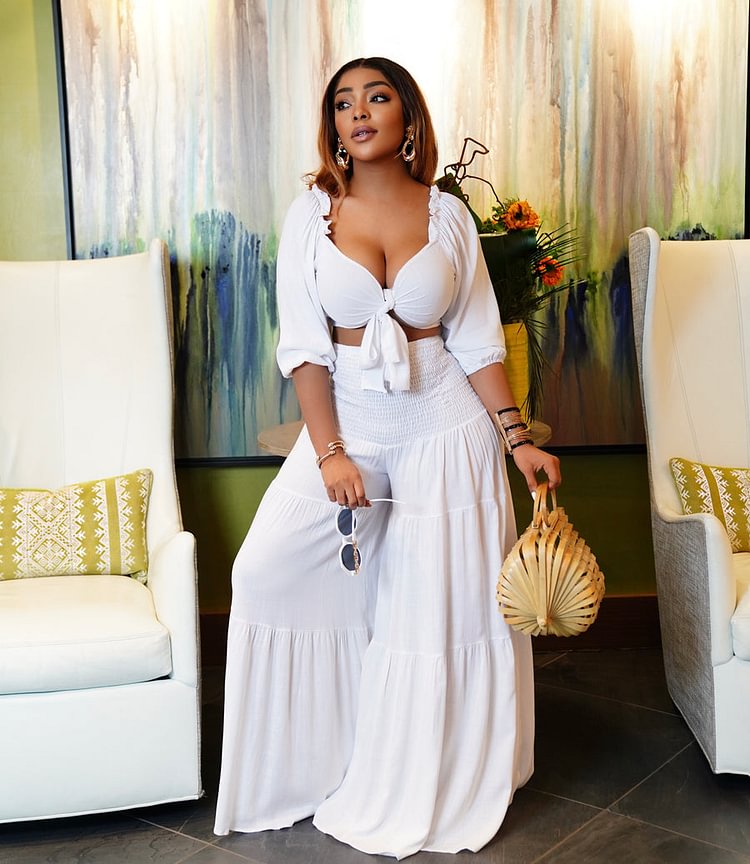 Wrapped Knot Middle Sleeves Wide Pants Set