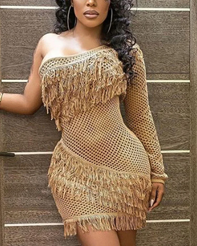 Fringe Trim Hollow Out One Shoulder Mini Dress