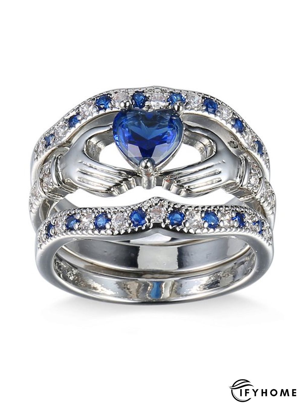 3Ps Silver Heart Holding Hand Pattern Full Diamond Ring Set Valentine's Day Gift Jewelry | IFYHOME