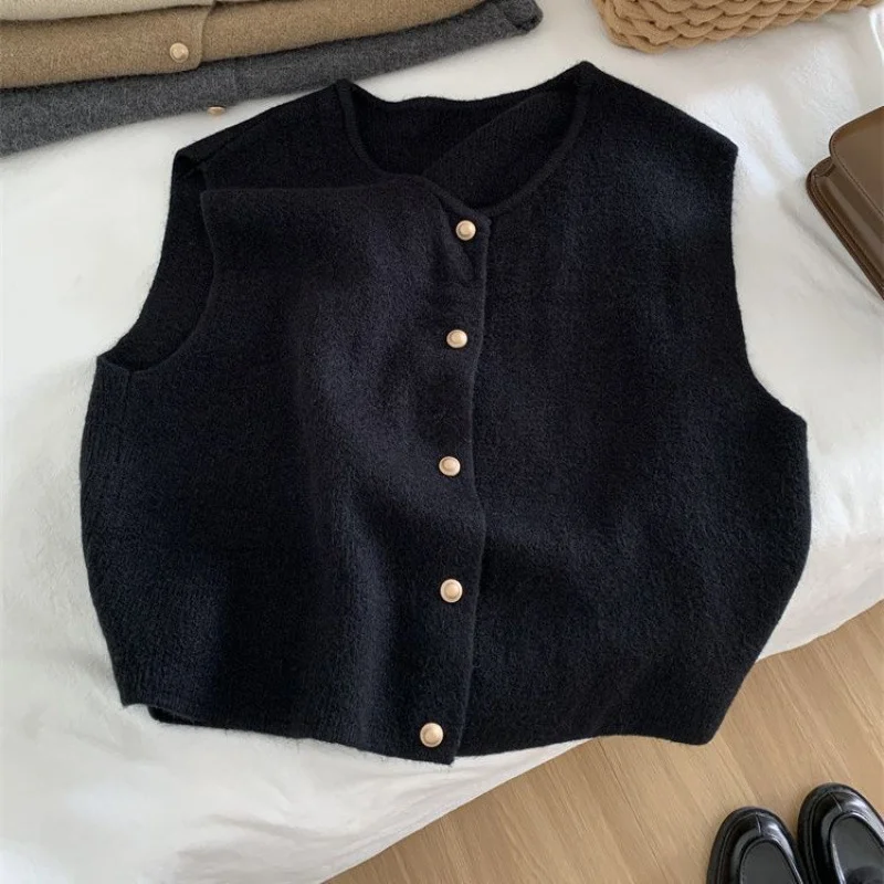Athvotar Athvotar Line Single Row Small Gold Button Round Collar Knitted Vest Cardigan Woman Sleeveless Shoulder Vest Top