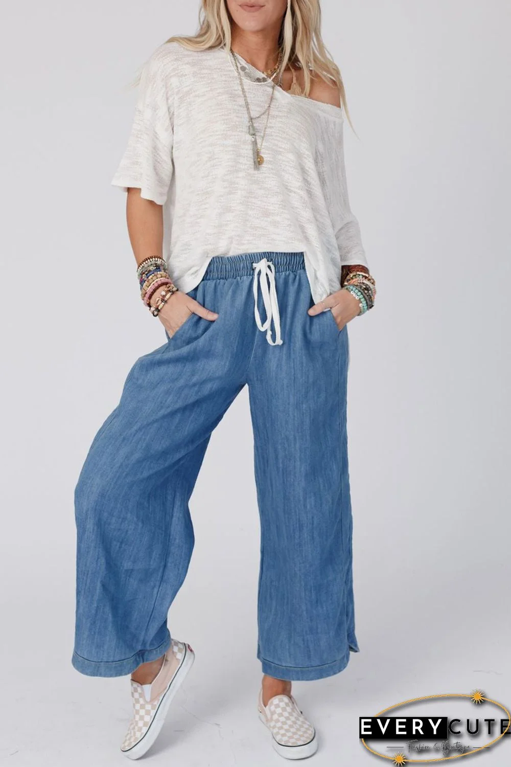 Sky Blue Wide Leg Drawstring Waist Loose Pants