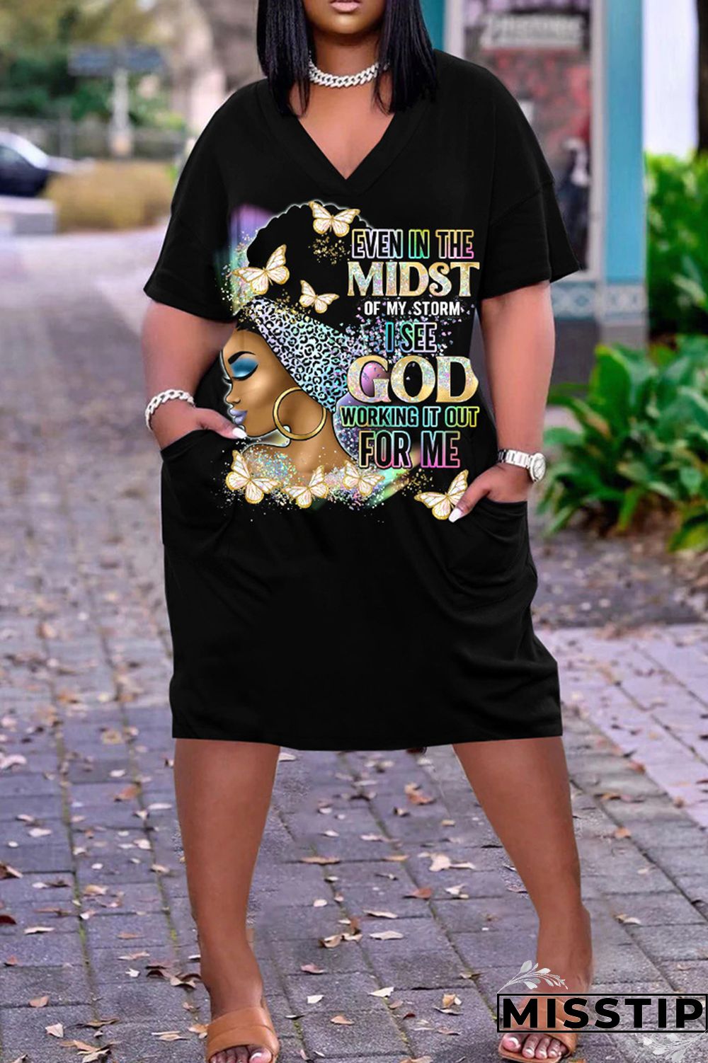 Multi-color Fashion Casual Print Patchwork V Neck Short Sleeve Dress