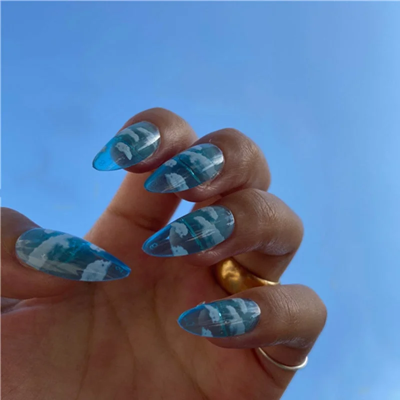 24pcs Long Pointy Head Wearable Manicure fake nails with glue Fashionable Natural Blue Sky White Cloud Water Drop Beautiful nail-Nail Inspo