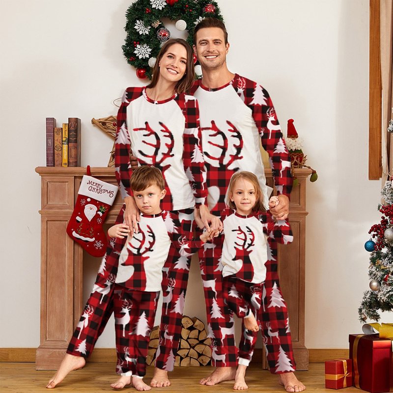 Christmas Tree and Reindeer Plaid Family Matching Pajamas Sets、、sdecorshop