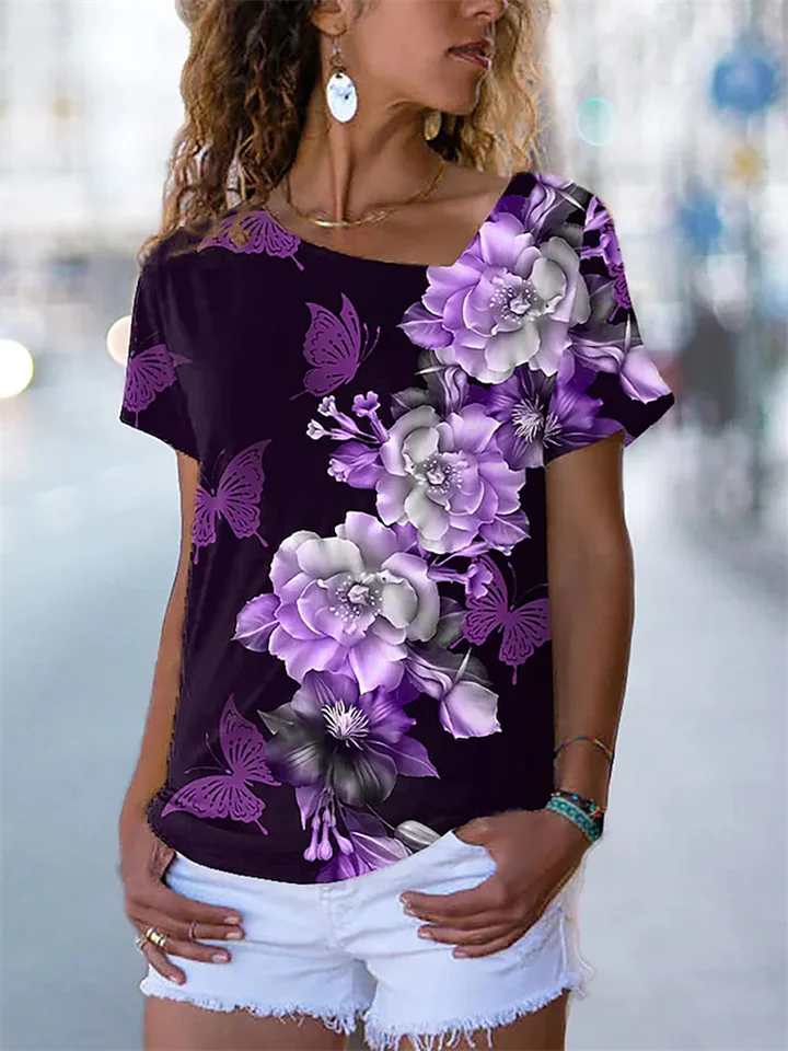 New Women's Summer Trend Loose Type T-shirt Digital Printing Fashion V-neck Short-sleeved Temperament Commuter Tops