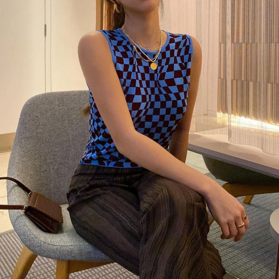 Y2K Crop Top Women Sleeveless Knitted Vest Plaid Printed Summer Tank Top Women Streetwear Aesthetic Cute Shirts Amisas De Mujer