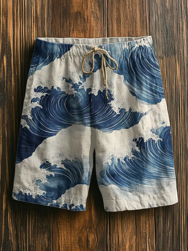 Men's Waves Japanese Art Print Casual Shorts