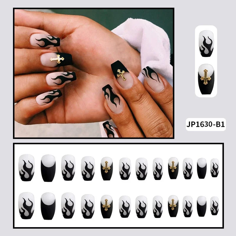 24PCS Dark Punk False Nails with Glue Gradient Long Detachable Fire Dragon  on Nails Skull Flame Art DIY Fashion Manicure Tool-Nail Inspo