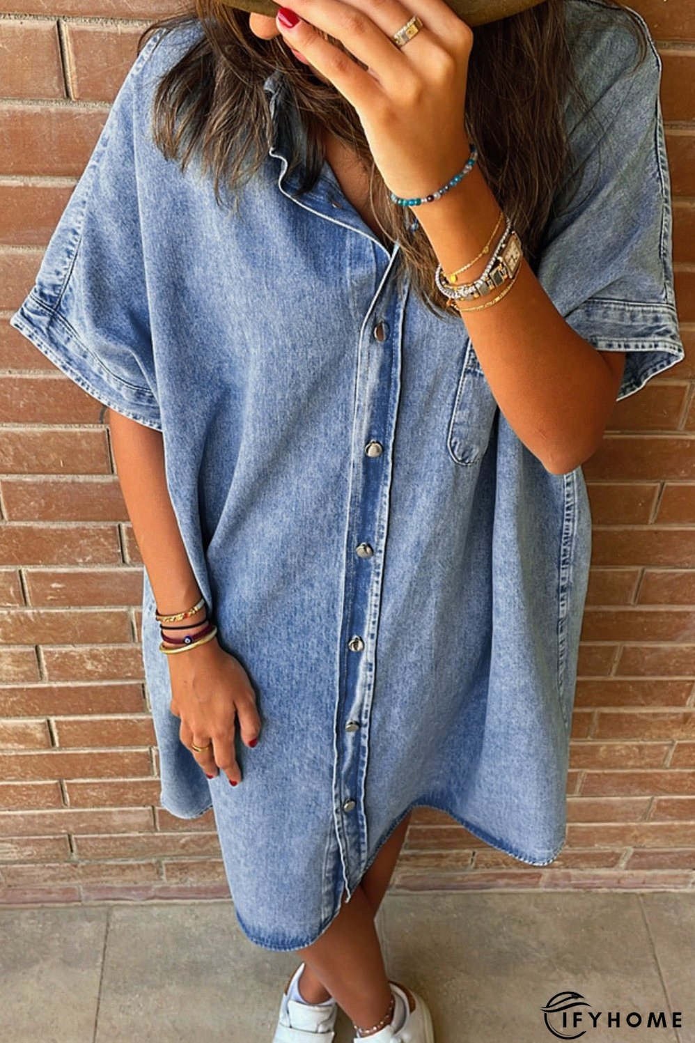 Denim Shirt Dress with Button Pockets | IFYHOME