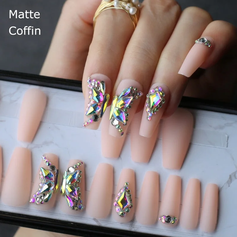 Butterfly Crystal Luxury Coffin nude Press on nails box 24pcs UV Acrylic nails bling DIY manual Ballet matte pink fasle nails-Nail Inspo