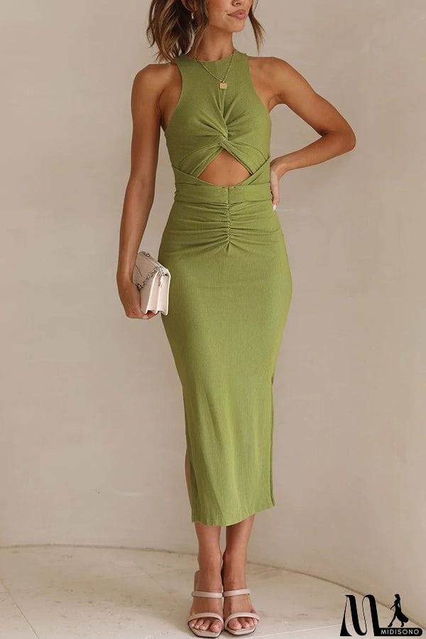 MidiSono - Crushing All Night Ribbed Front Cut Out Ruched Stretch Midi Dress