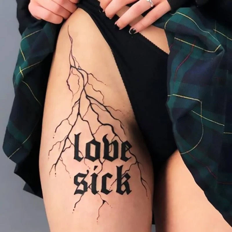 Waterproof Temporary Tattoo Sticker Sexy Thigh Love Sick English Words Gothic Water Transfer Fake Tatto Flash Tatoo for Women