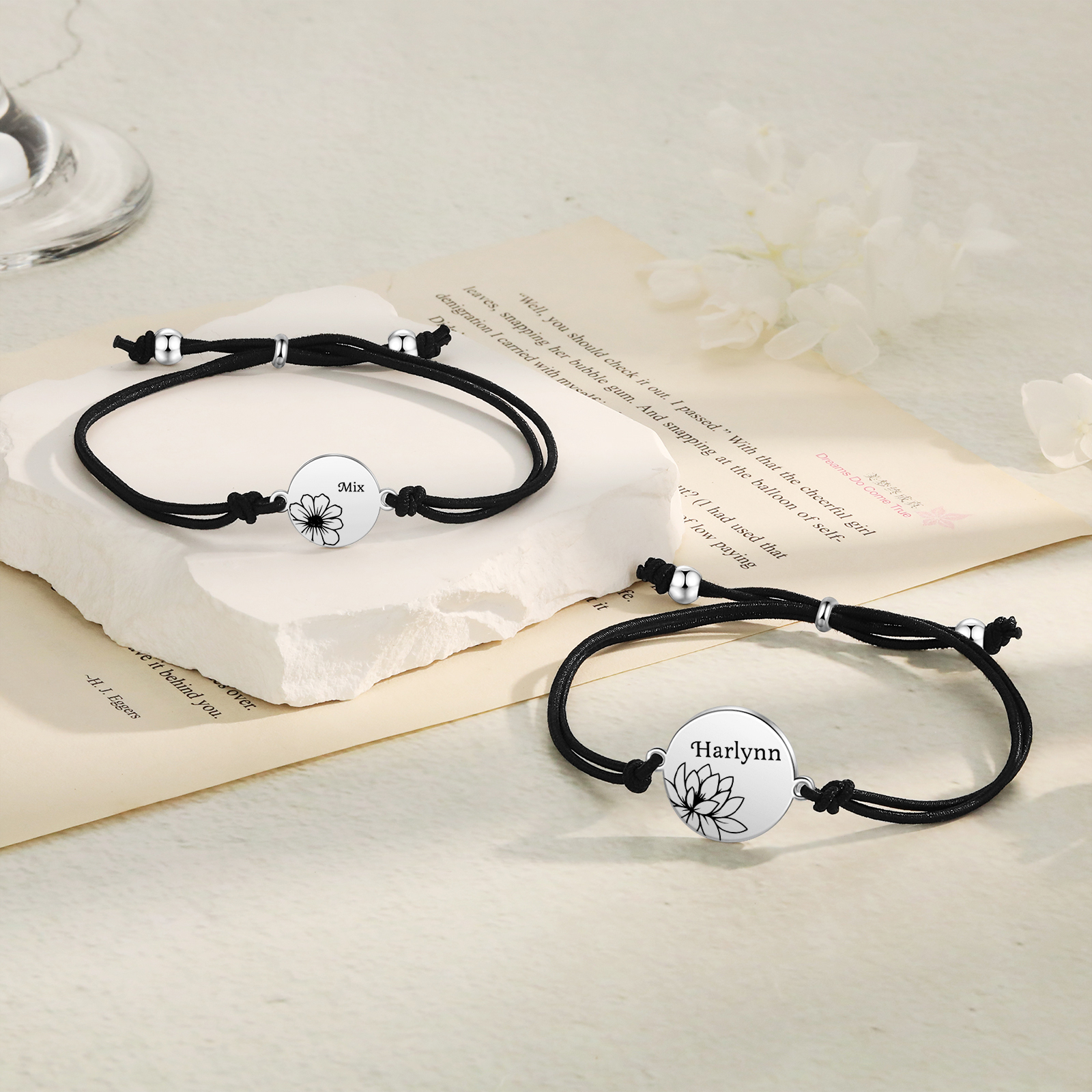 2 Pcs Bracelet Set Personalised Names & Birth Flowers Adjustable Bracelets with Message Card Back to School Gifts for Daughters-Jessemade AU
