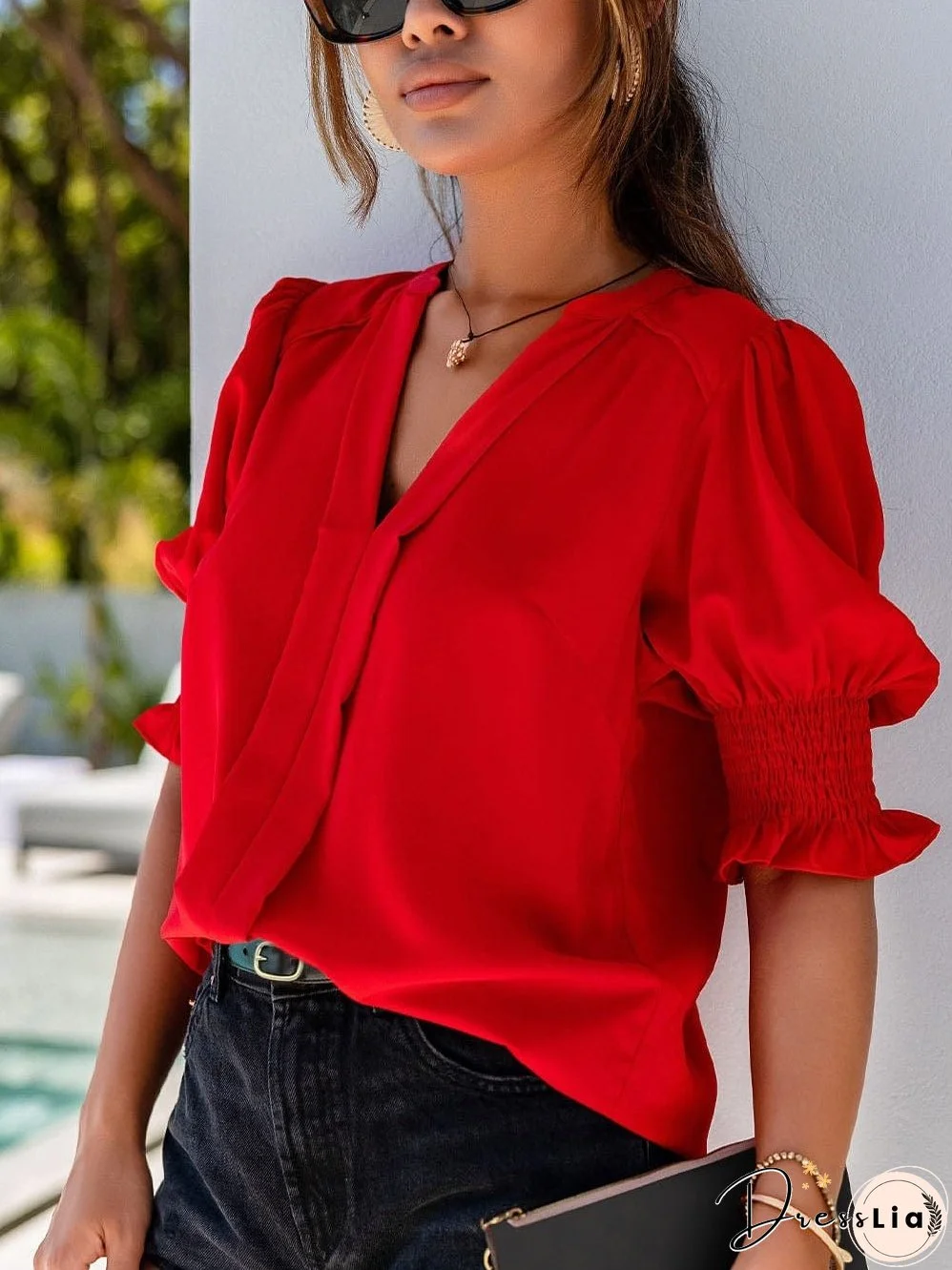Red Puff Sleeve Casual Top