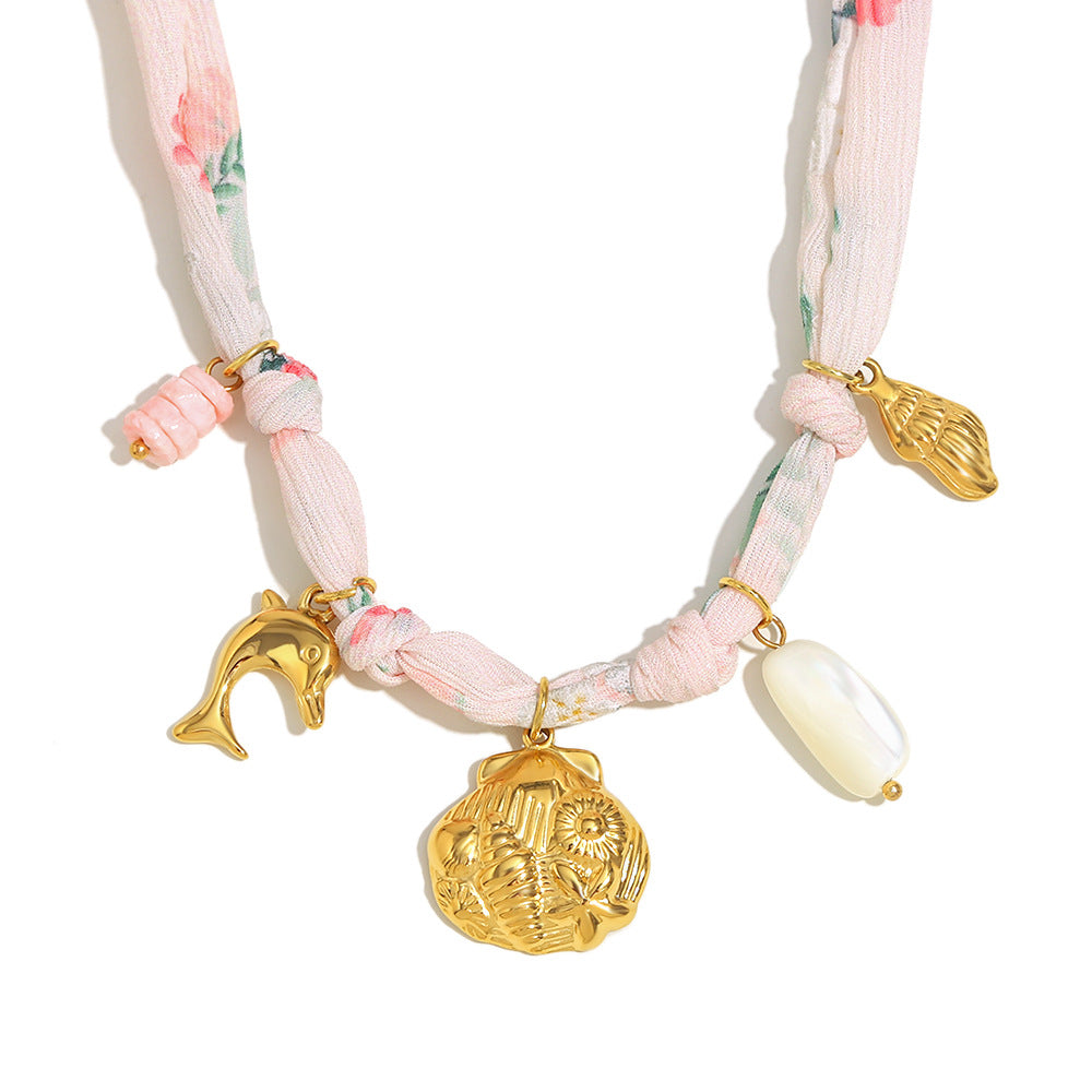 Summer Pendant Stainless Steel 18K Gold Plated Ribbon Pendant Necklace Fossil Shell Necklace Female