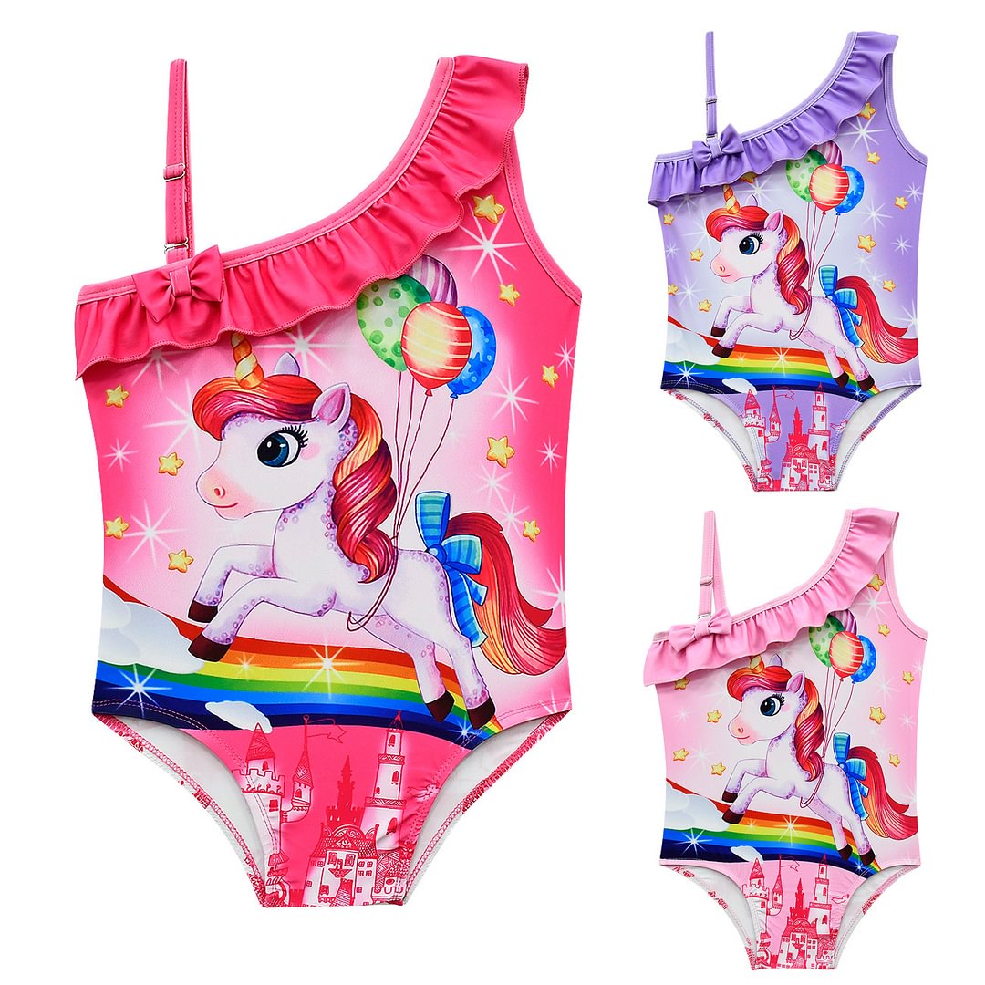 Cartoon unicorn oblique shoulder sling girls swimsuit one-piece-Pajamasbuy