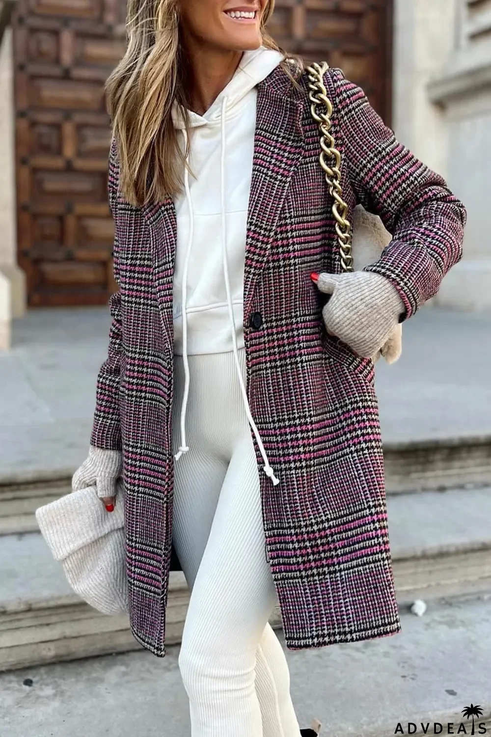 Pink Plaid Lapel Collar One Button Midi Coat