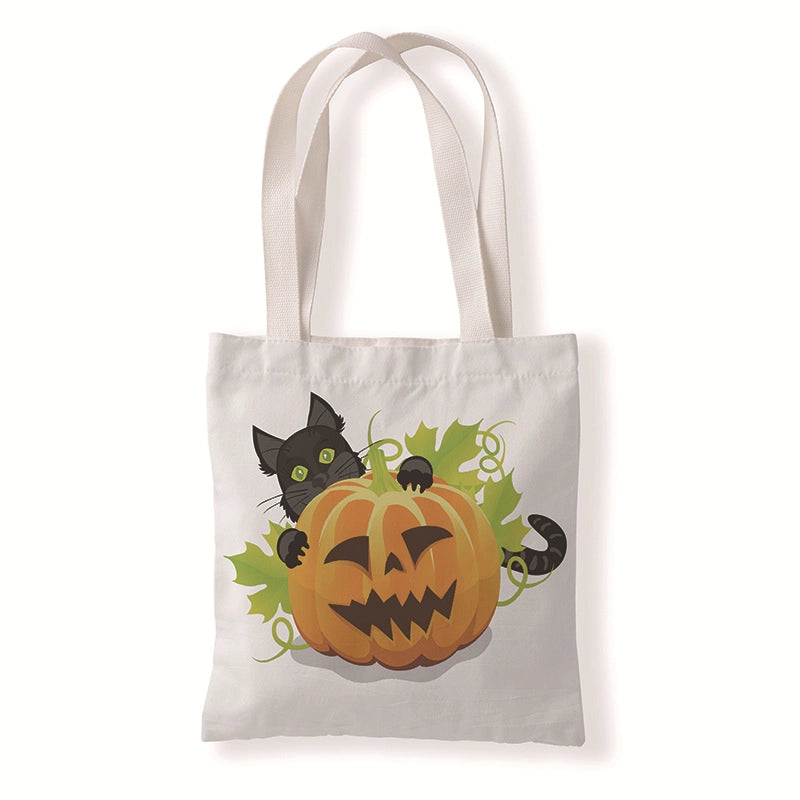 Halloween Women’s Medium Canvas Pumpkin Cat Streetwear Square Open Canvas Bag