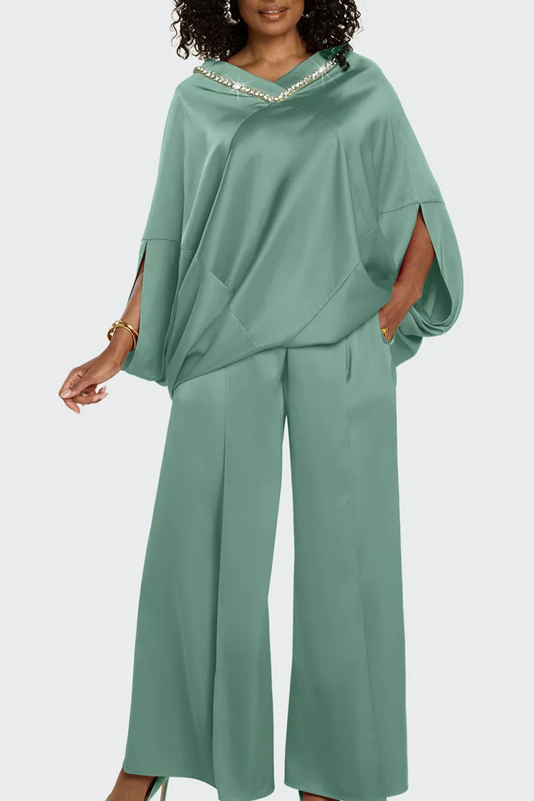 Plus Size Churchs Sage Green V Neck Batwing Sleeve Long Sleeve Pocket Elegant Two Piece Pant Sets [Pre-Order] 2024 - Xpluswear