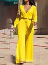 Fashion Yellow Belted V-Neck Wide Leg Jumpsuit
