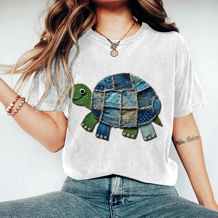 Utbros Women's Dolphin Denim Print Round Collar T-shirt