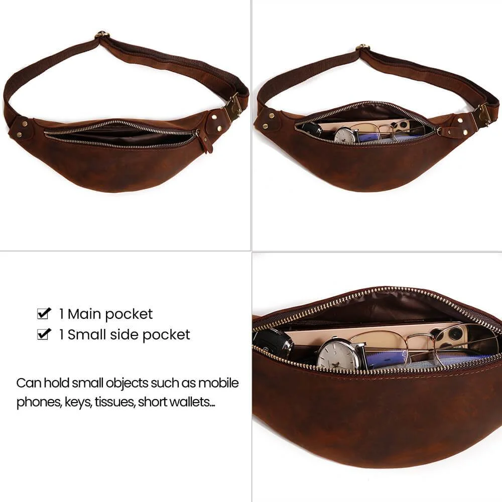 Luxury Crazy Horse Leather Chest Bag Fanny Pack Mens Waist Bag Custom Logo Male Waist Pack For Phone Pouch Outtoor Sport Bum Bag