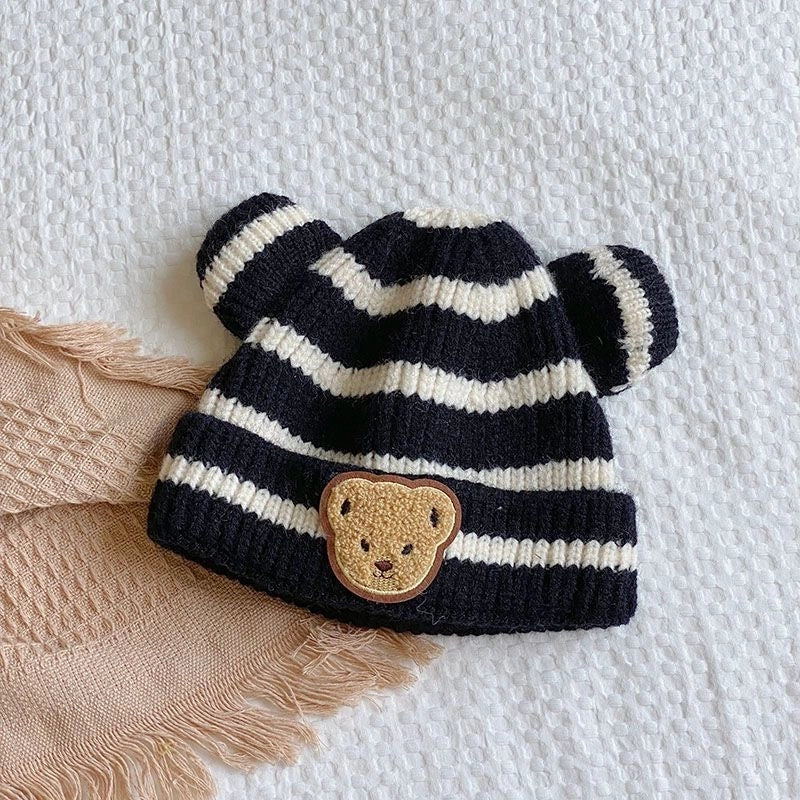 Autumn And Winter Children’s Warm Hat Cute Striped Bear Hat Korean Baby With Double Ball Knitted Hat Men’s And Women’s Treasure Hat