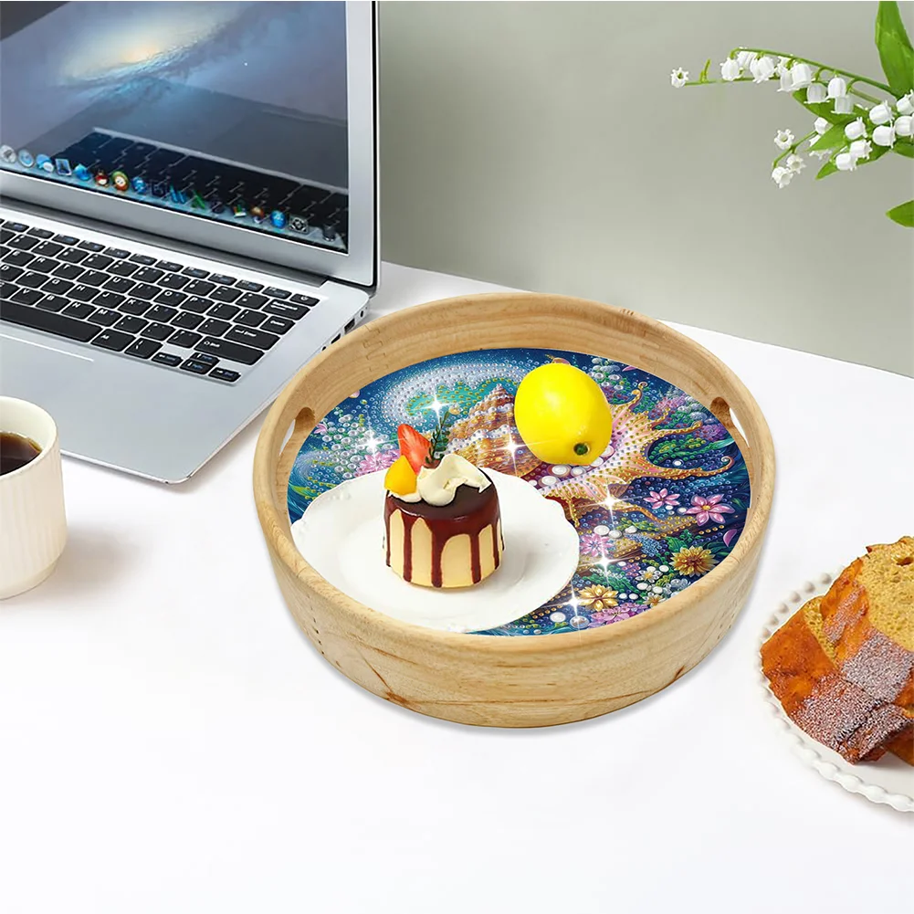 DIY Conch Shells Wooden Diamond Food Dinner Plate with Handle for Coffee Table