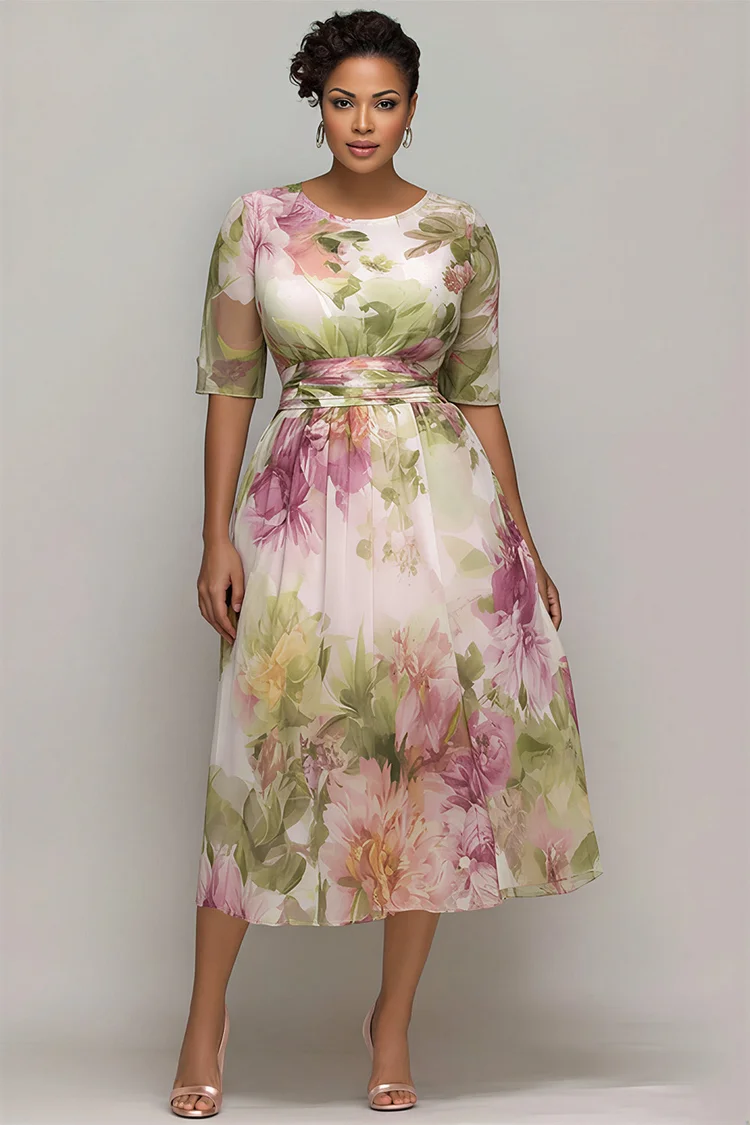 Xpluswear Design Plus Size Wedding Guest Multicolor Floral Round Neck Short Sleeve See Through Chiffon Midi Dresses [Pre-Order] 2024 - Xpluswear