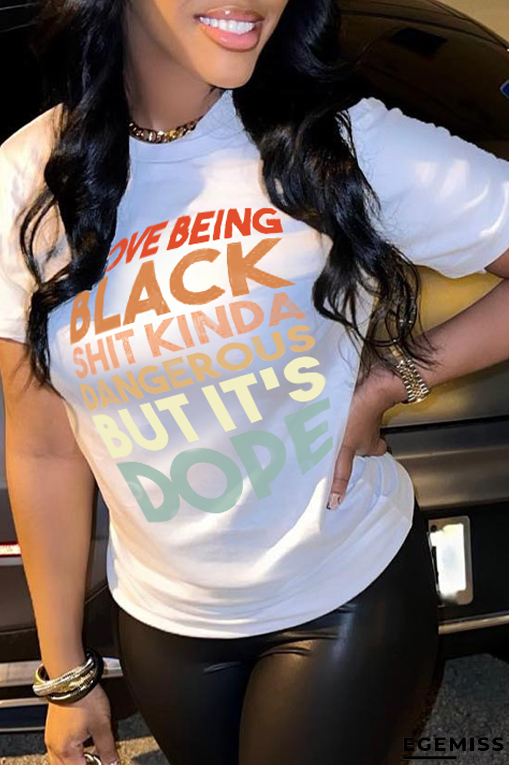 White Fashion Vintage Print Patchwork Letter O Neck T-Shirts | EGEMISS