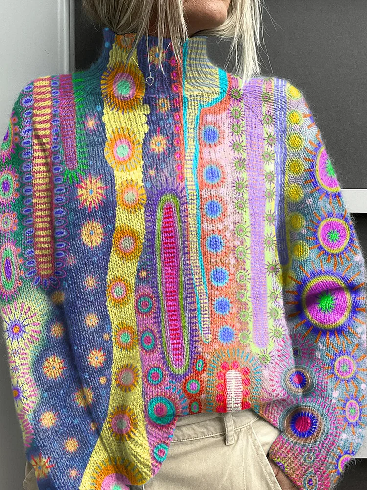 Abstract Cute Colorful Pattern Print Knit Turtleneck Pullover Sweater