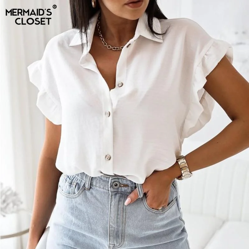 Summer Butterfly Sleeve White Shirt Women Single Breasted Casual Loose Work Blouse Shirt   New Ladies Office Chic Tops