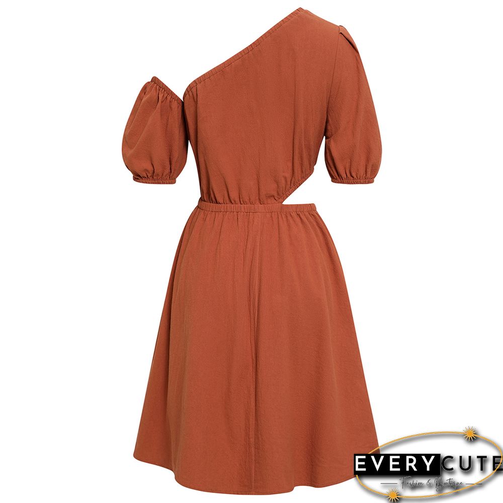 Rust Red Cut-out One Shoulder Casual Dress