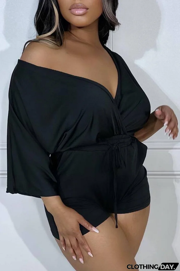 Black Sexy Solid Draw String V Neck Straight Rompers