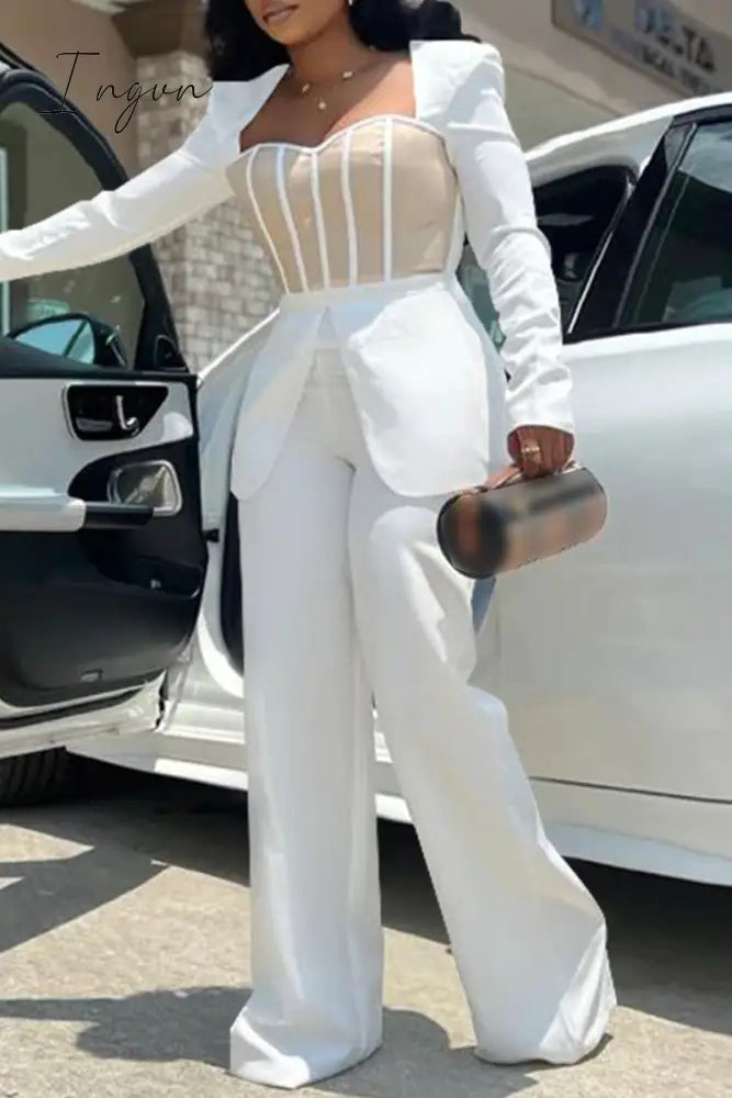 Ingvn - Casual Patchwork Contrast Square Collar Regular Jumpsuits White / S & Rompers/Jumpsuits