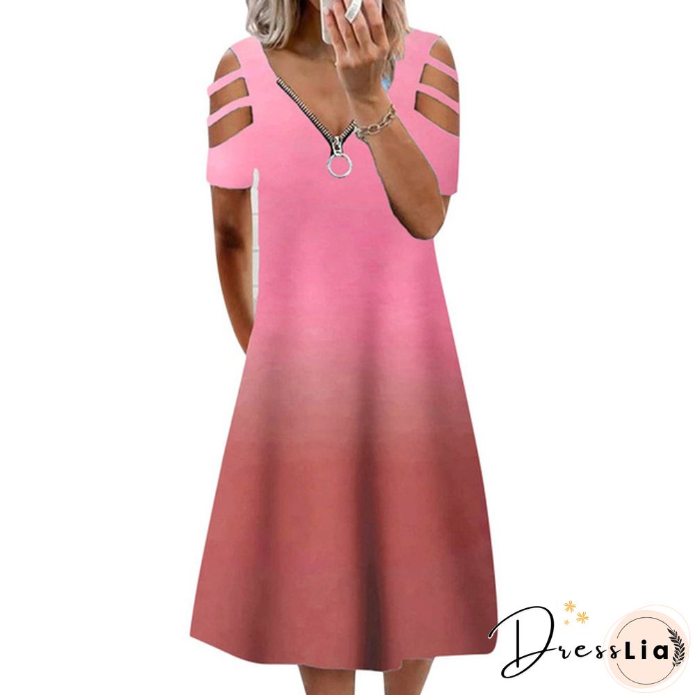 Xs-5Xl Summer New Casual Short-Sleeved Zipper V-Neck Dress Women's Loose Plus Size Dress Fashion Long Skirt
