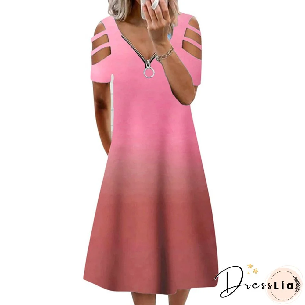 Xs-5Xl Summer New Casual Short-Sleeved Zipper V-Neck Dress Women's Loose Plus Size Dress Fashion Long Skirt