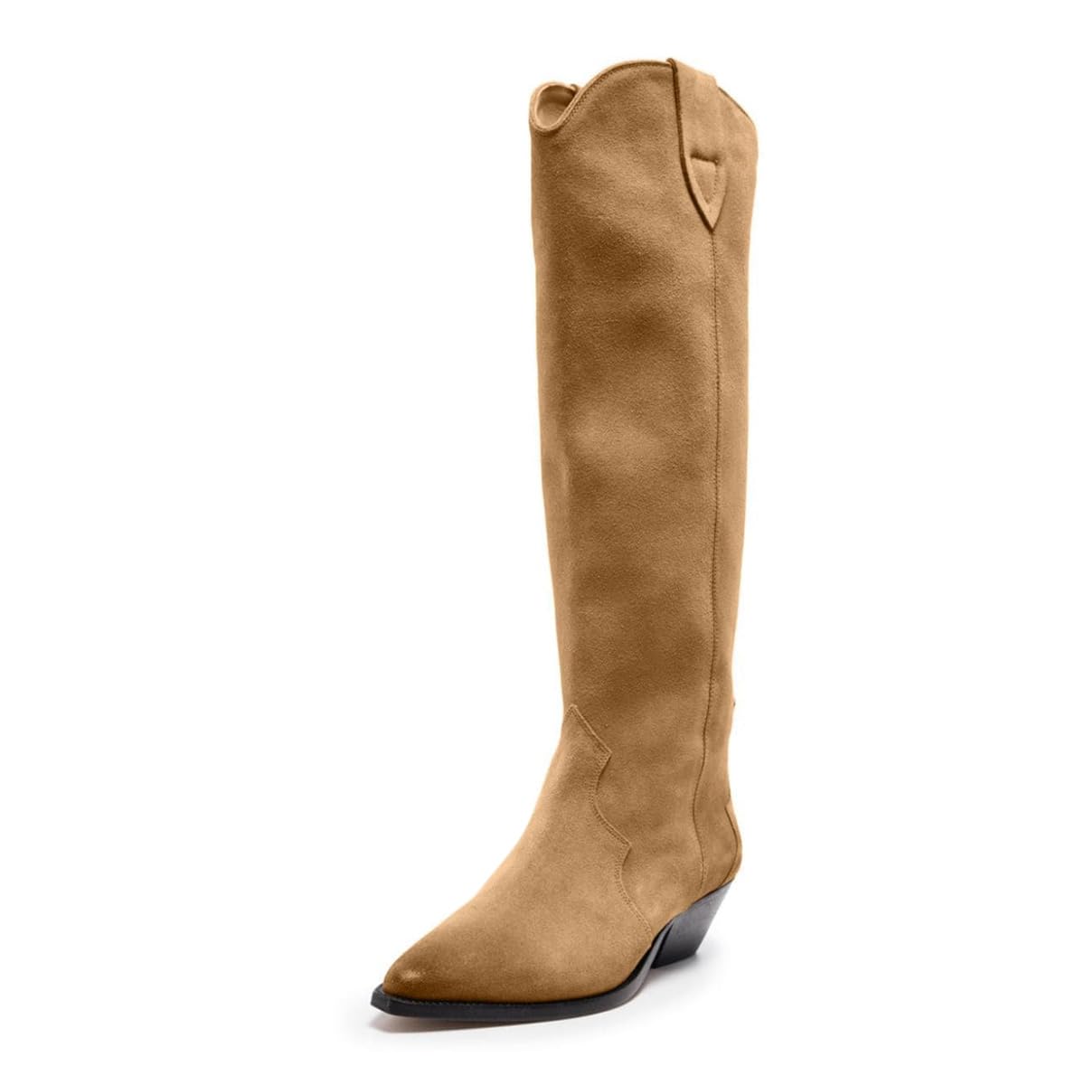 Brown Pointed Toe Block Low Heel Wide Calf Knee High Cowgirl Boots Nicepairs