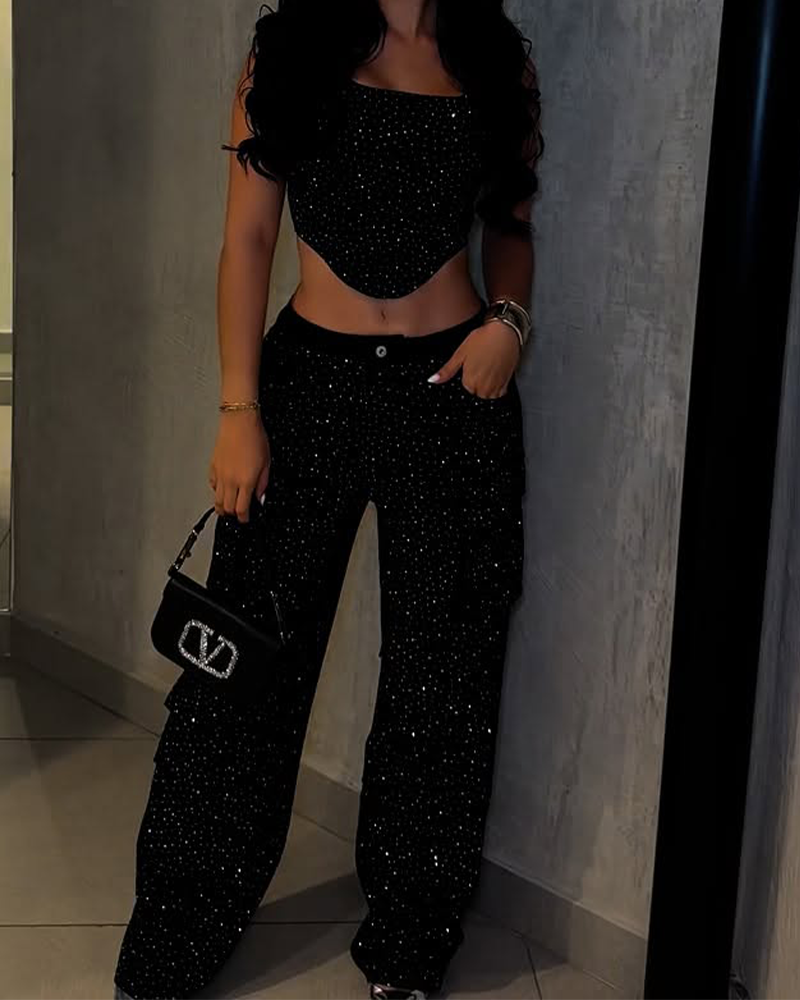 Rhinestone Suspender  Overalls Pants Set