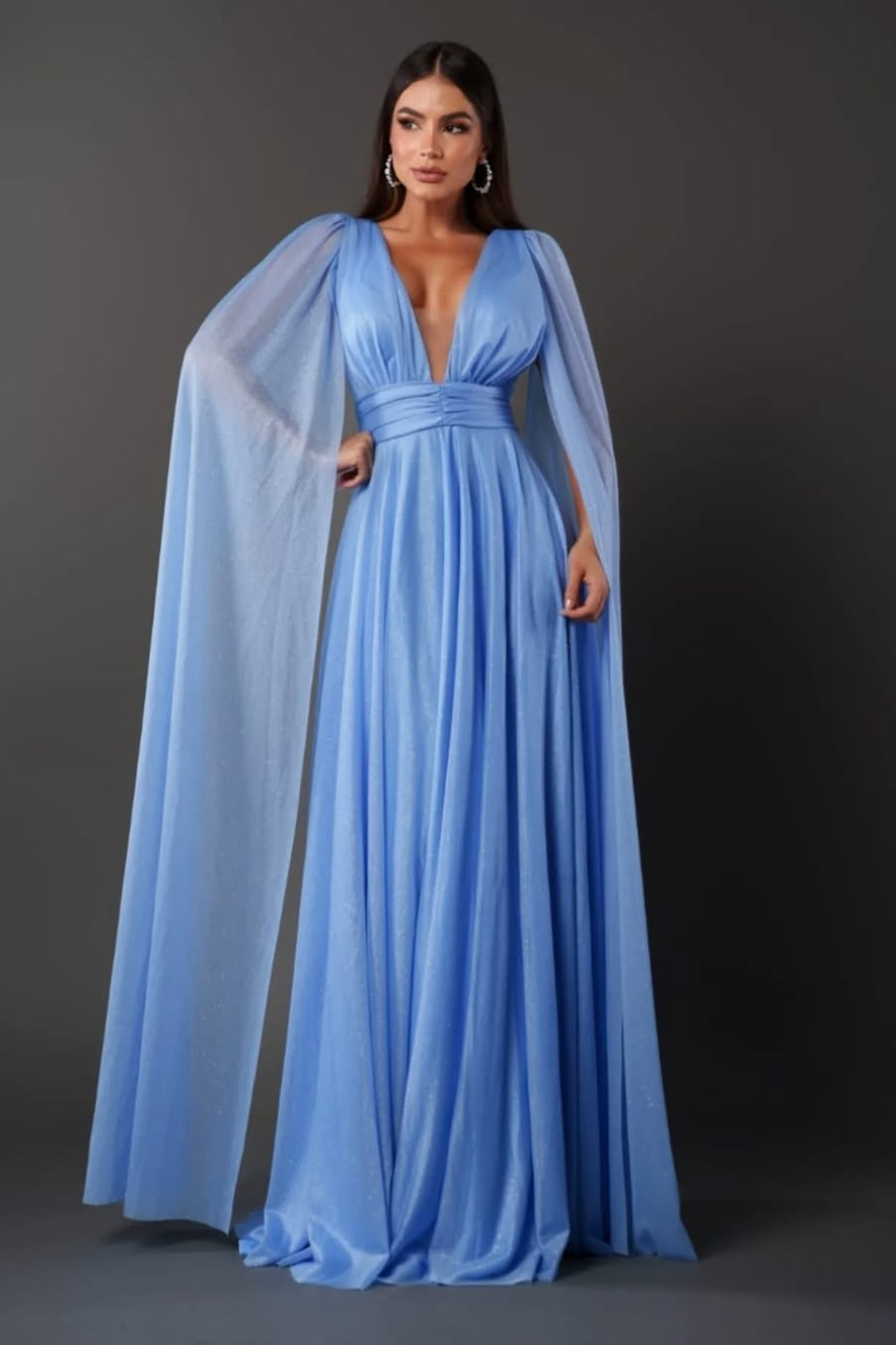 Miabel Exquisite Ocean Blue Deep V Neck High Waist Long Prom Dress with Pleated 
