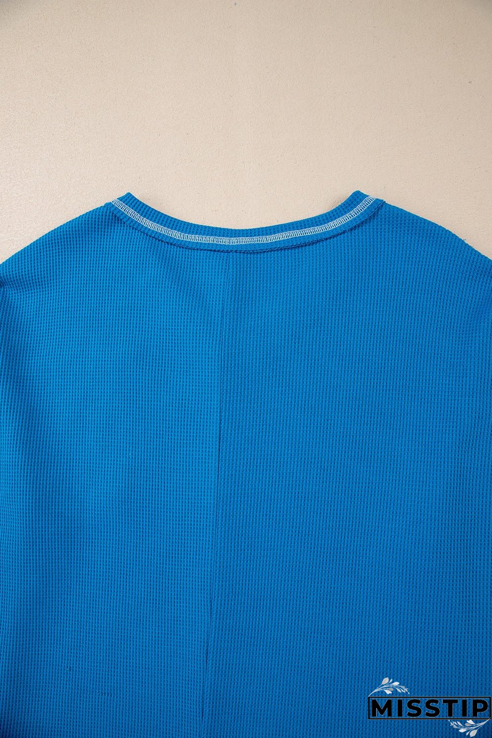 Sky Blue Lace Floral Patchwork Sleeve Stitching V Neck Rib Knit Blouse