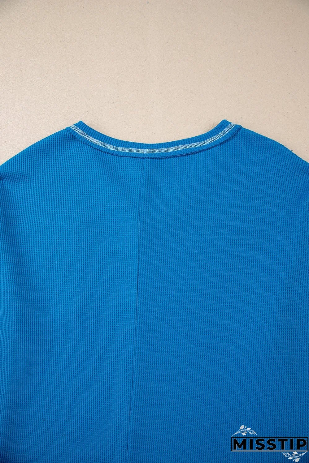 Sky Blue Lace Floral Patchwork Sleeve Stitching V Neck Rib Knit Blouse