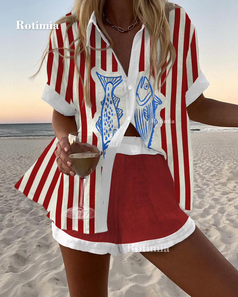Vintage Striped Fish Print two piece set