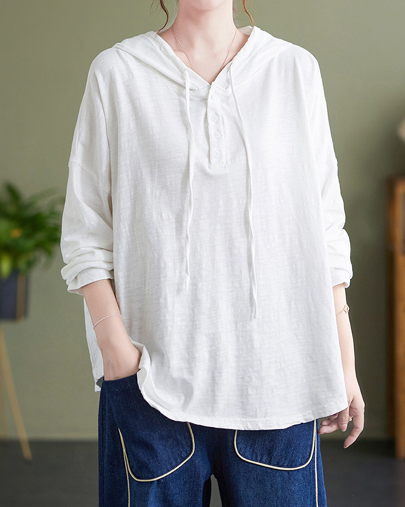 Half Button Solid Color Long Sleeve Drawstring Hooded Top