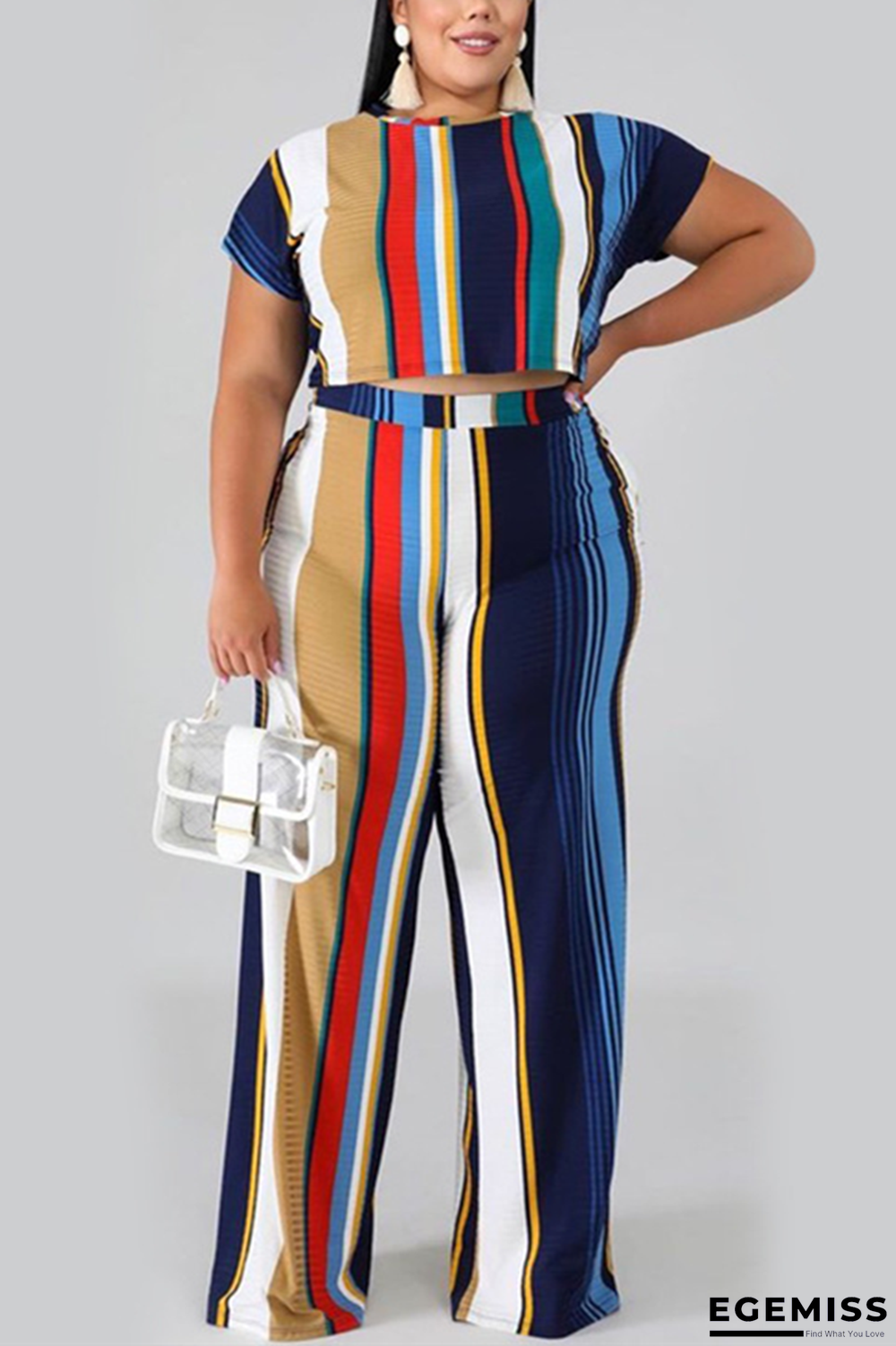 Royal blue Sexy O Neck Print Striped Two Piece Suits Stripe | EGEMISS