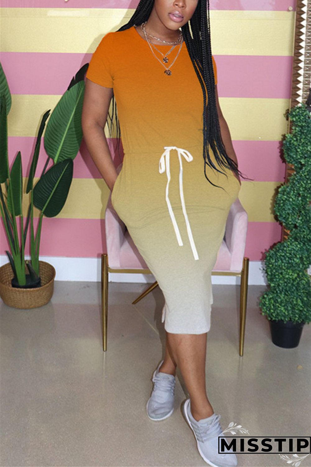 Orange Fashion Gradient Printed Short Sleeve Dress