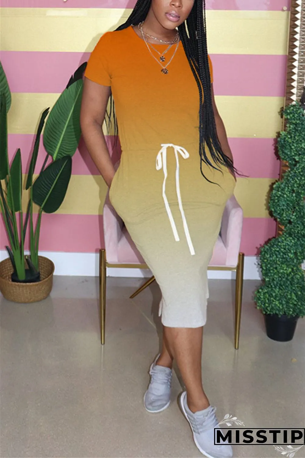 Orange Fashion Gradient Printed Short Sleeve Dress